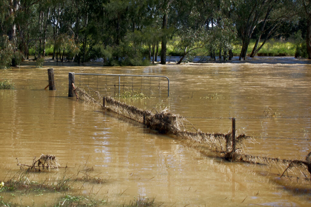 Muddy flood water covering fence and gate in rural Australia