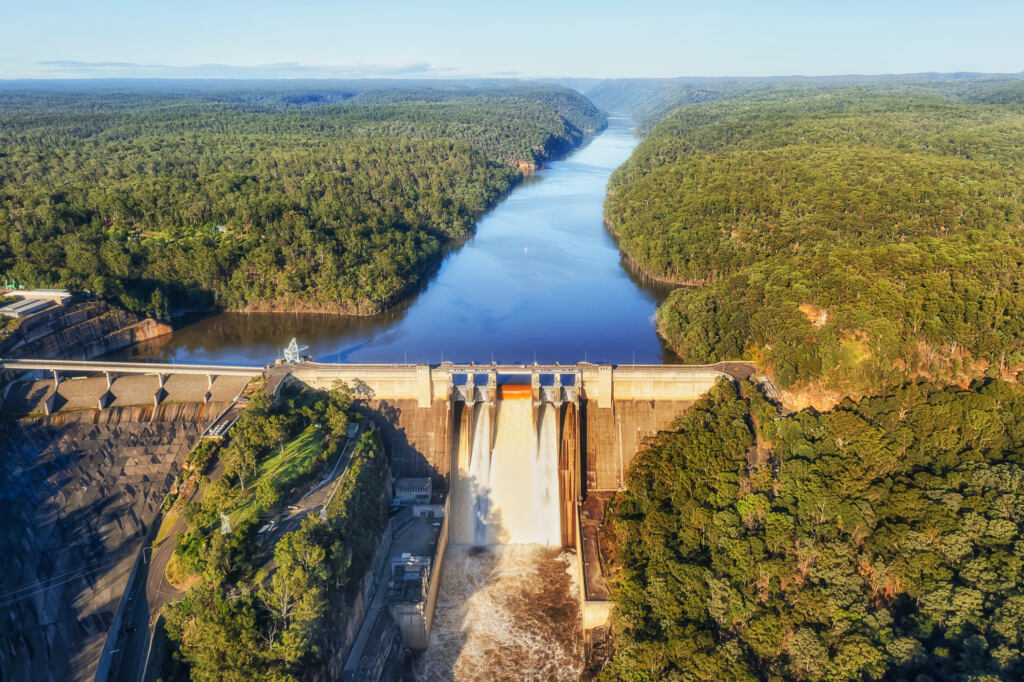 Spilling overflowing Warragamba dam in Greater Sydney Blue Mountains of Australia after strong torrential rains.