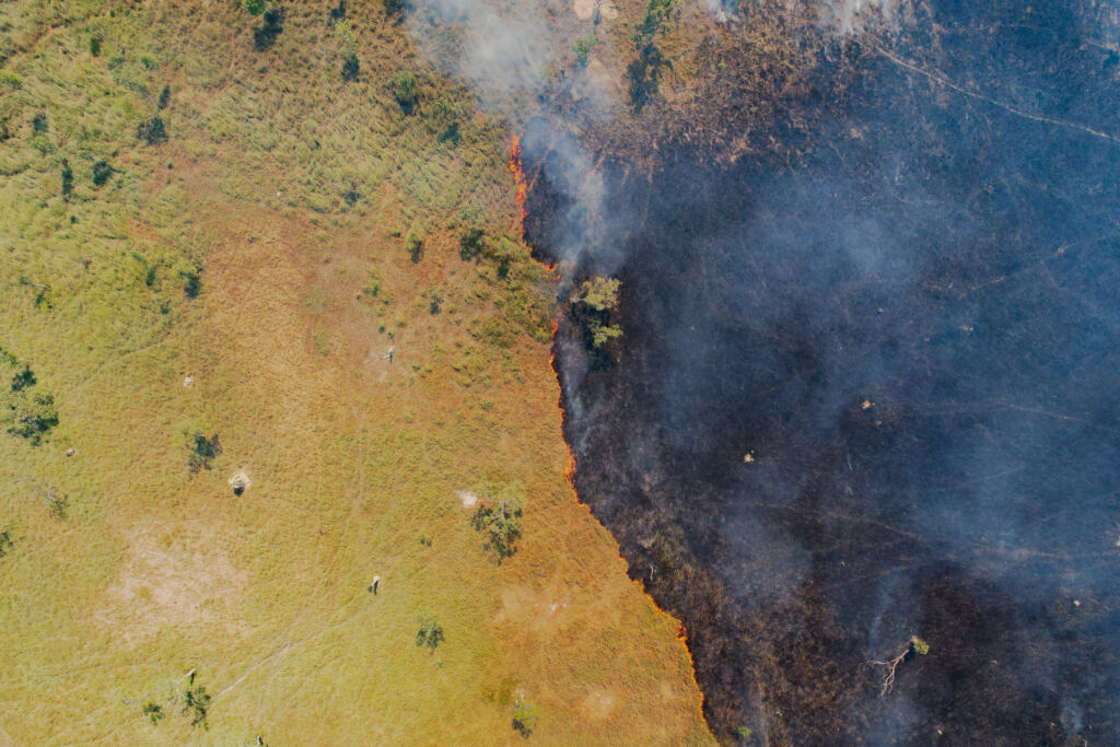 Aerial view of fire creeping across a landscape