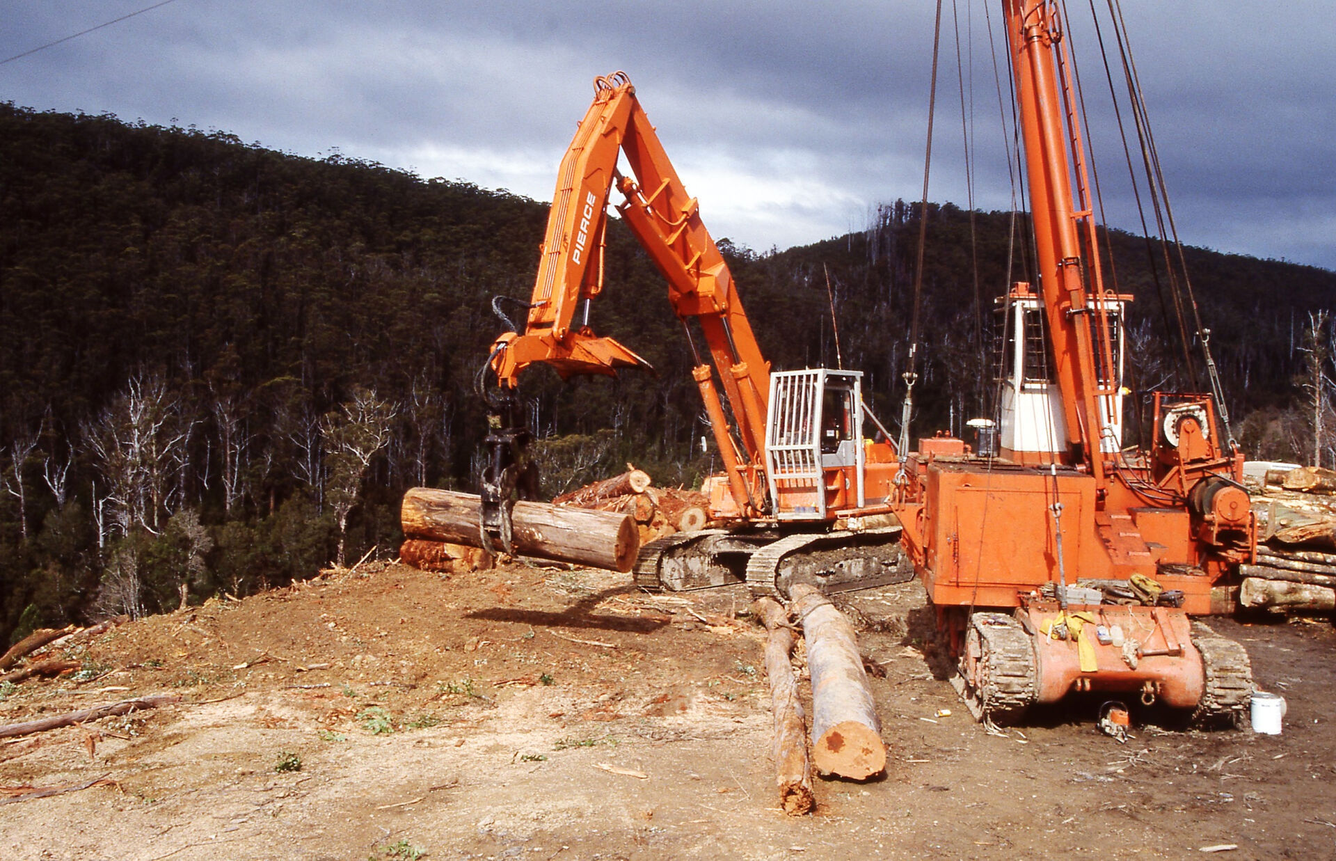 Cable logging equipment harvesting logs on a forestry coupe in the south of Tasmania